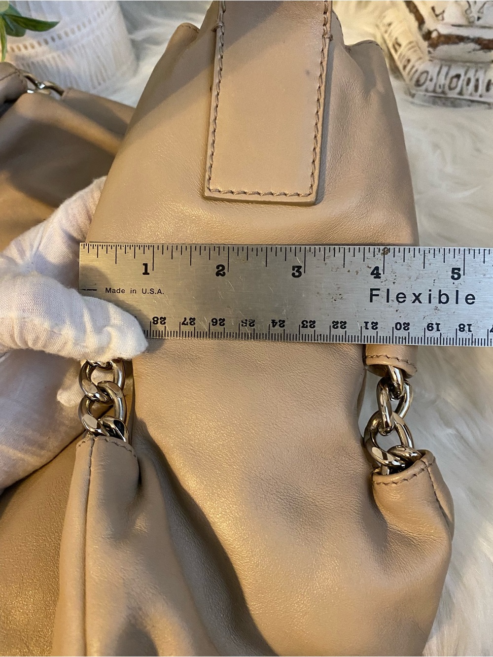 Furla Taupe Soft Leather Shoulder Hobo Bag w/ Chain Detail - Picture 14 of 14